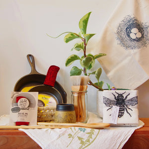 Lodge Pans with plant and cloth napkins