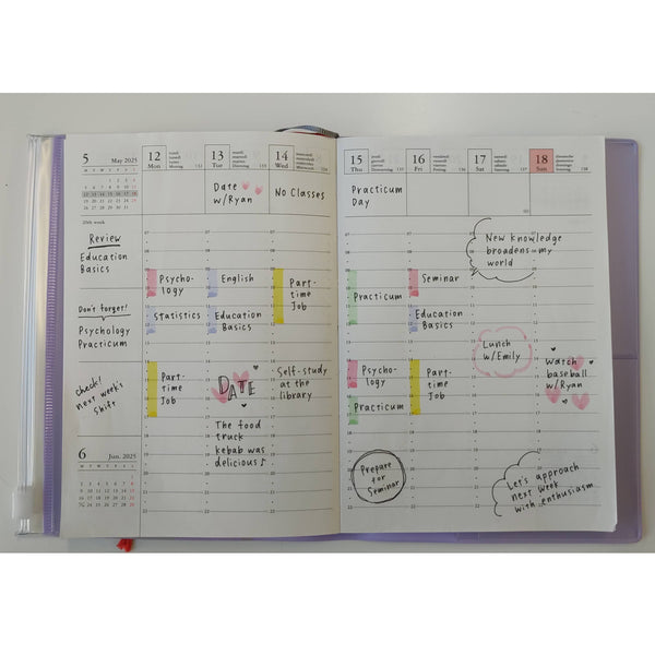 Weekly Vertical Agenda/Planner A5 | Aug 2025 - Dec 2026 |  Mountain in Orange and Pink
