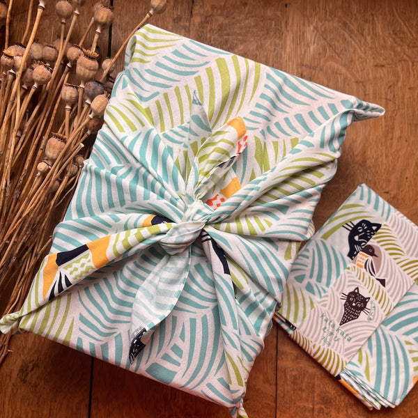 Cat and Bird Green Furoshiki - Large