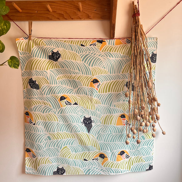 Cat and Bird Green Furoshiki - Large