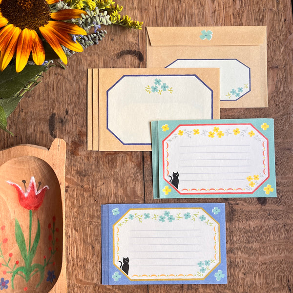 Retro Black Cat & Flower | Mini Letter Writing Set in Blue