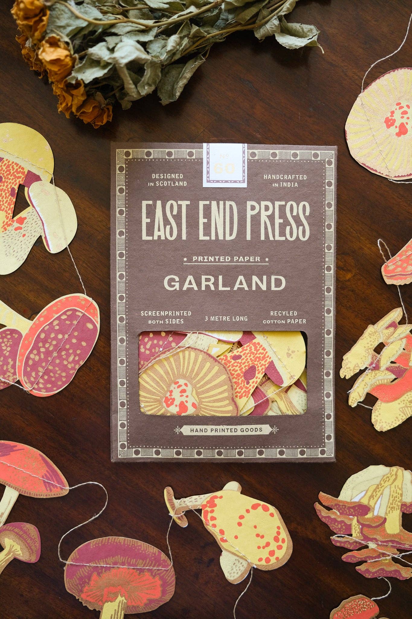 East End Press Mushroom Garland in package surrounded by garland