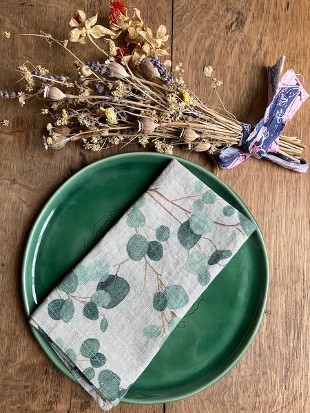 Eucalyptus on Light Natural Linen Napkins - Set of 2