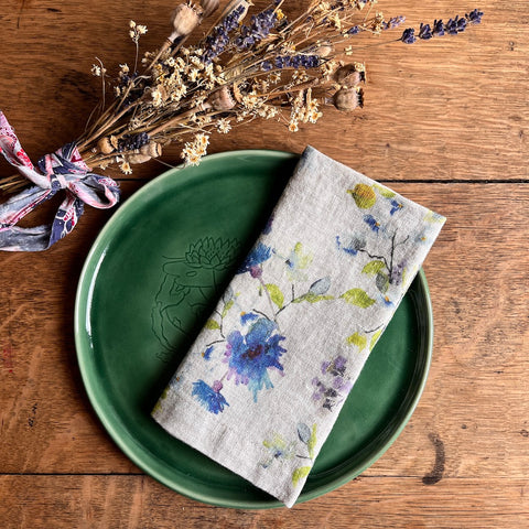 Flowers on Light Natural Linen Napkins | Set of 2