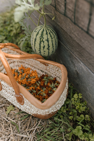 Open Weave Basket with Leather Straps and Leather Corners