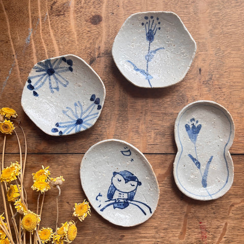 Tiny Handmade Plates | Natural Clay with Blue Features