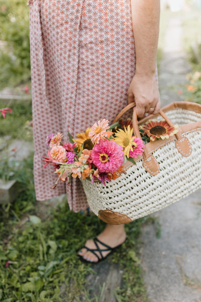 Open Weave Basket with Leather Straps and Leather Corners