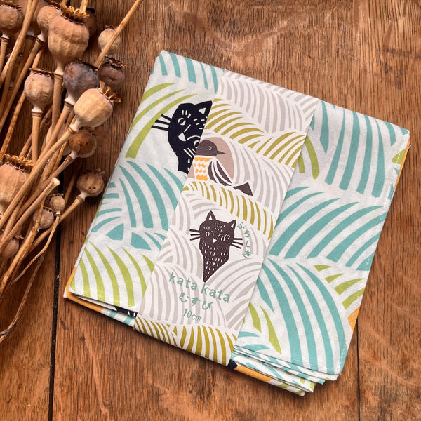 Cat and Bird Green Furoshiki - Large