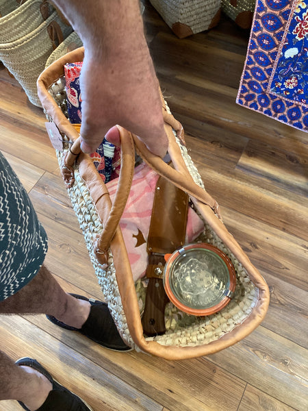 Open Weave Basket with Leather Straps and Leather Corners