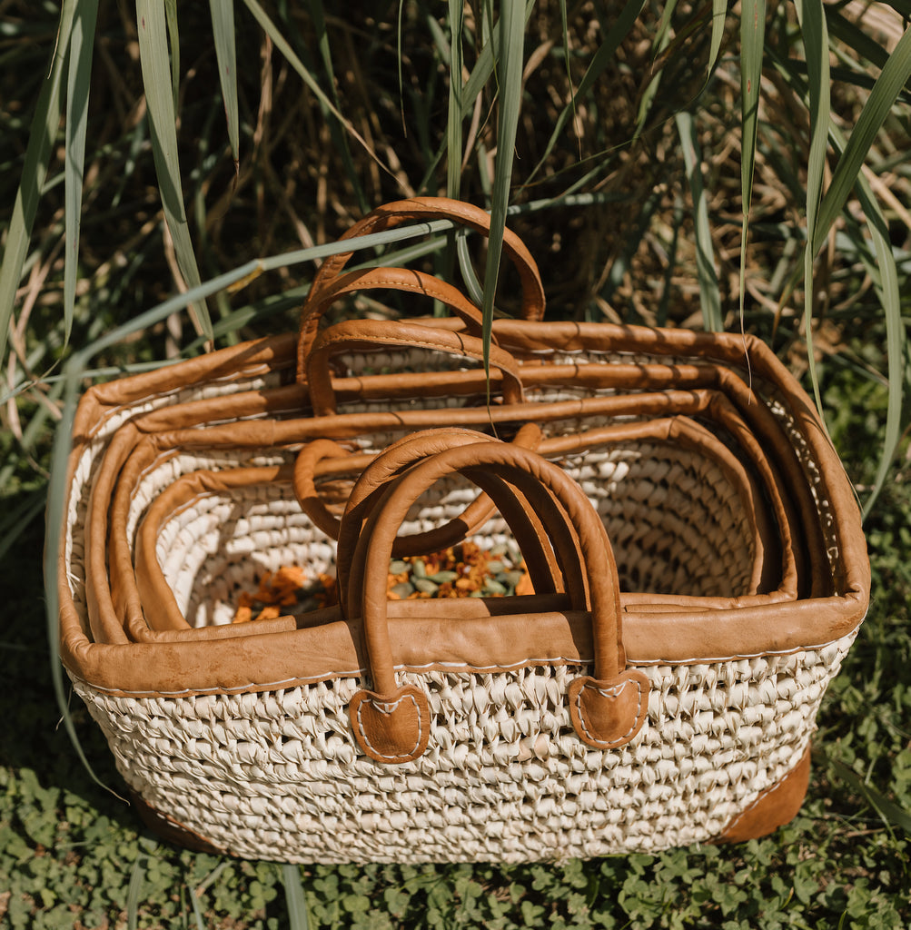Open Weave Basket with Leather Straps and Leather Corners Pink Moon Goods