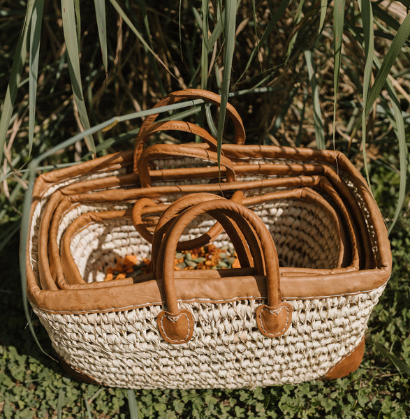 Open Weave Basket with Leather Straps and Leather Corners