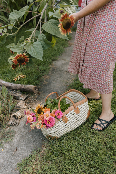 Open Weave Basket with Leather Straps and Leather Corners