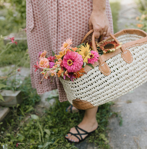 Open Weave Basket with Leather Straps and Leather Corners