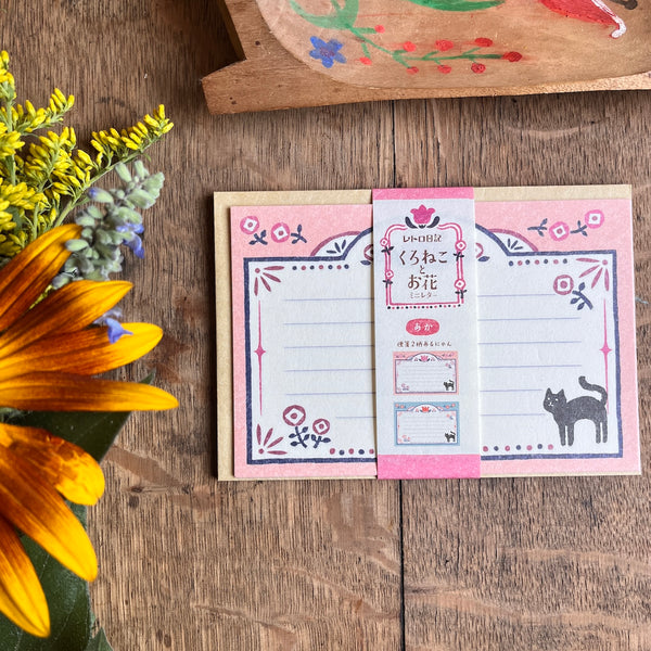 Retro Black Cat & Flower | Mini Letter Writing Set in Red