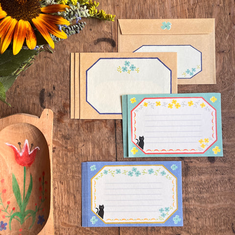 Retro Black Cat & Flower | Mini Letter Writing Set in Blue