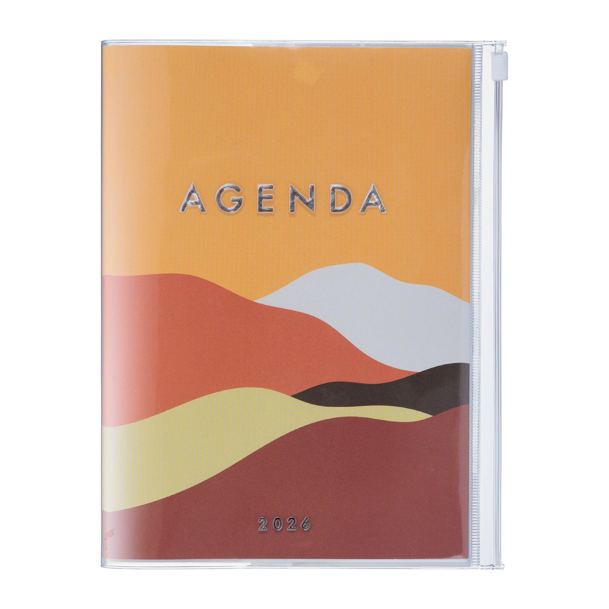 Weekly Vertical Agenda/Planner A5 | Aug 2025 - Dec 2026 |  Mountain in Orange and Pink