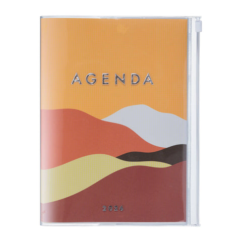 Weekly Vertical Agenda/Planner A5 | Aug 2025 - Dec 2026 |  Mountain in Orange and Pink