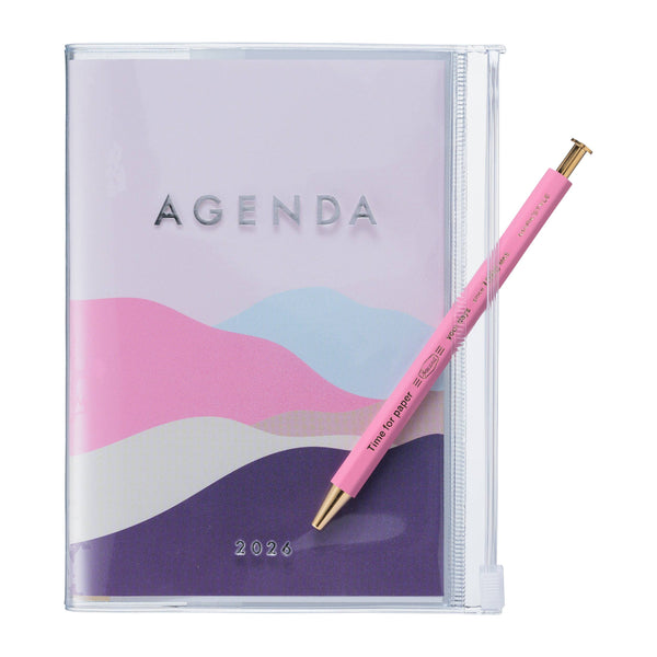 Weekly Vertical Agenda/Planner A5 | Aug 2025 - Dec 2026 |  Mountain in Orange and Pink
