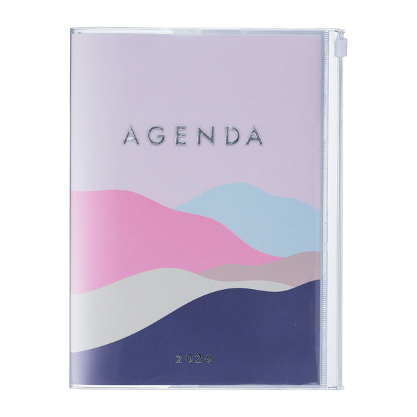Weekly Vertical Agenda/Planner A5 | Aug 2025 - Dec 2026 |  Mountain in Orange and Pink