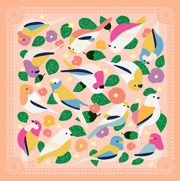 Bandana with peach background and multi colored birds All Very Goods Lovebirds Bandana