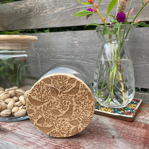 Woodland Bird Wood Lid Glass Jar