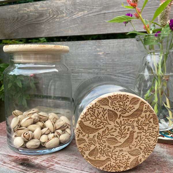 Woodland Bird Wood Lid Glass Jar