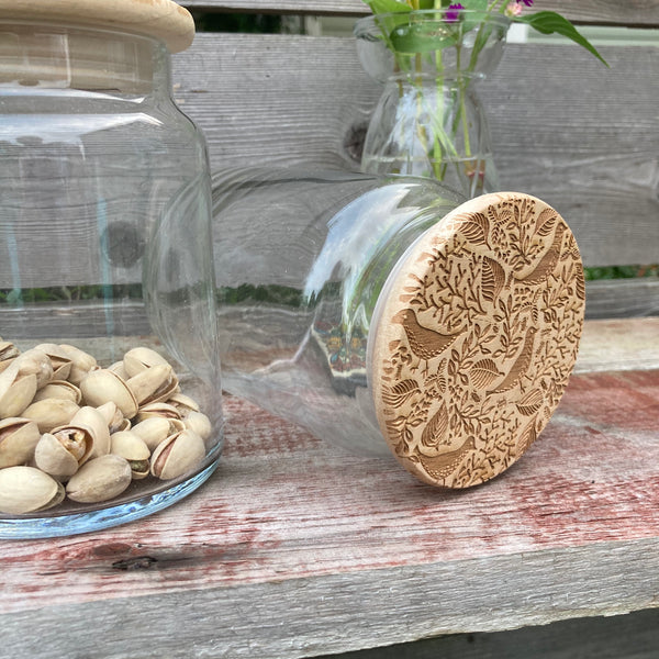 Woodland Bird Wood Lid Glass Jar